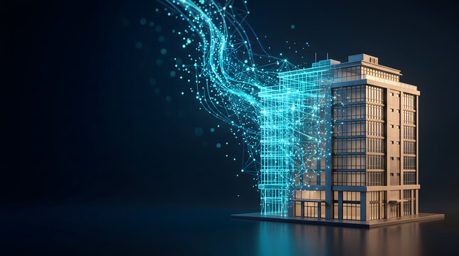 Digital Twin Building Model With Glowing Blue Data Network Streams