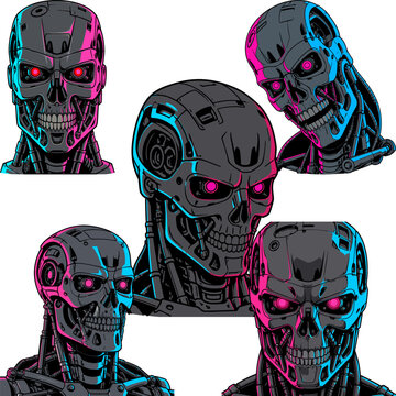 Robotic Skulls with Glowing Pink Eyes and Neon Lighting