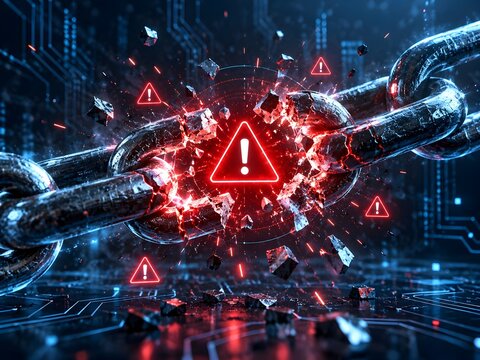 Cracked and breaking chain links with red warning signs and digital circuit board background symbolizing data breach or system failure