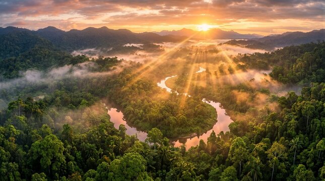 Meandering river winding through rainforest at sunrise