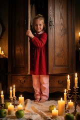 Obraz premium Little Caucasian girl in red dress, pink pajama pants stands inside vintage wooden wardrobe. Opens cupboard door in dark room with lit candles, green apples on floor. Fairy tale princess, pea concept.