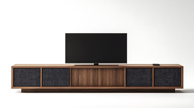 Modern Interior Living Room & TV Wall Design Images for Adobe Stock: High-Resolution Smart TV, Wooden Cabinet, Minimalist Home Entertainment, Dark Wall and Cozy Luxury Decor