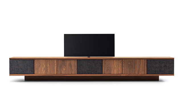 Modern Interior Living Room & TV Wall Design Images for Adobe Stock: High-Resolution Smart TV, Wooden Cabinet, Minimalist Home Entertainment, Dark Wall and Cozy Luxury Decor