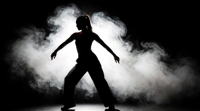 Silhouette of young woman dancing jazz funk in dark studio. Female performer moves with energetic motion amidst white smoke, fog. Bright spotlight shines from behind creating dramatic shadow effect