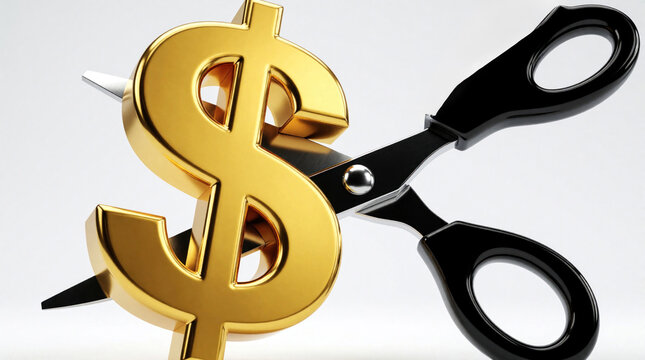 Black scissors cut large golden dollar sign symbol. Concept of budget reduction, cost cutting in business. Financial loss savings strategy with metal tool. Money economy management to decrease