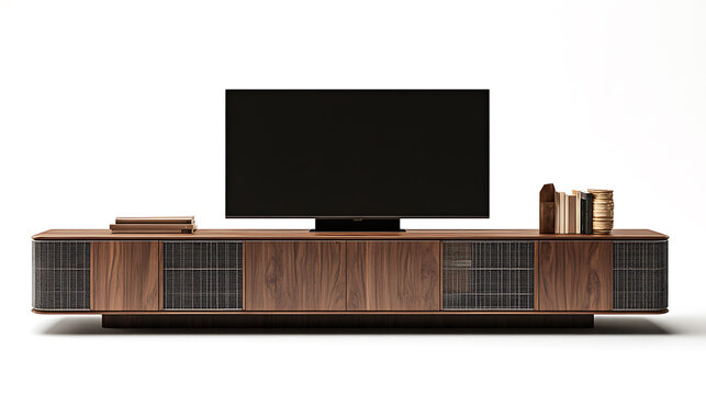 Modern Interior Living Room & TV Wall Design Images for Adobe Stock: High-Resolution Smart TV, Wooden Cabinet, Minimalist Home Entertainment, Dark Wall and Cozy Luxury Decor