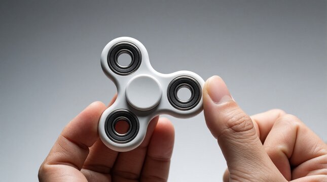 Human hands hold white plastic fidget spinner toy against grey background. Person uses finger to spin device for stress relief, anxiety control. Minimalist studio shot of handheld gadget used for
