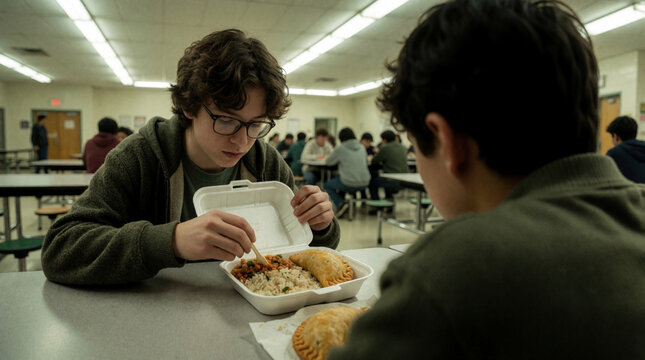 Teenager eats rice and empanada at school cafeteria. He sits alone at a table with fluorescent lights overhead. Other students eat in background.