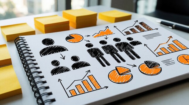 Business growth plan drawn on notebook page with sticky notes. Icons show people charts pie graph analysis process. Strategic planning concept with ideas flow.