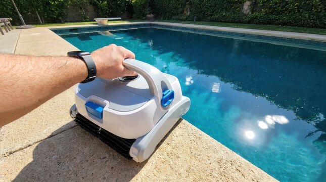 Person holding automatic swimming pool cleaner unit beside bright blue water edge for residential maintenance task.