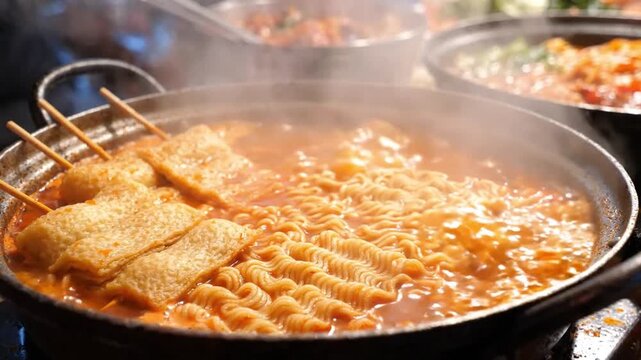 Korean Fish Cake Skewers Simmering in Hot Broth. 4K Video