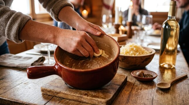 Person rubbing garlic inside a ceramic fondue pot at a wooden table