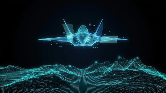 Futuristic digital aircraft hologram flying over blue glowing wireframe terrain representing advanced aviation tech.