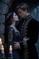 Obraz premium Elegant couple in period costume share romantic moment near stone archway. Bride wears black lace gown and tiara while groom dons ornate velvet attire. Warm candlelight illuminates their loving gaze.