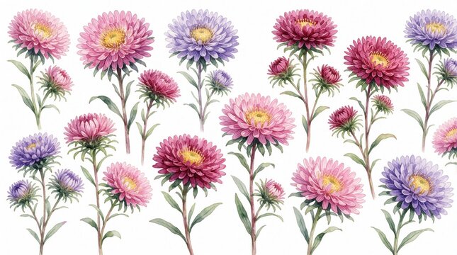 Watercolor aster flowers collection with purple pink blooms and green leaves. Loose botanical art isolated on white background. Floral elements for design and invitations.