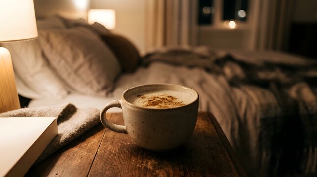 Cozy morning cup of warm coffee on wooden bedside table in bedroom