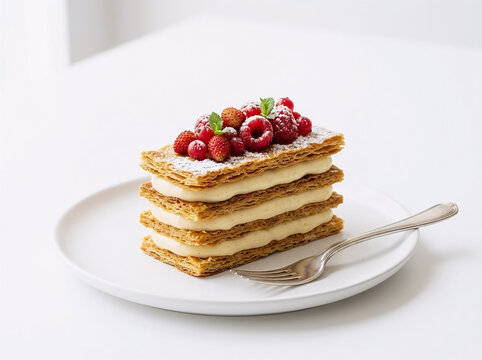 Mille-feuille pastry with fresh berries and cream on a white plate