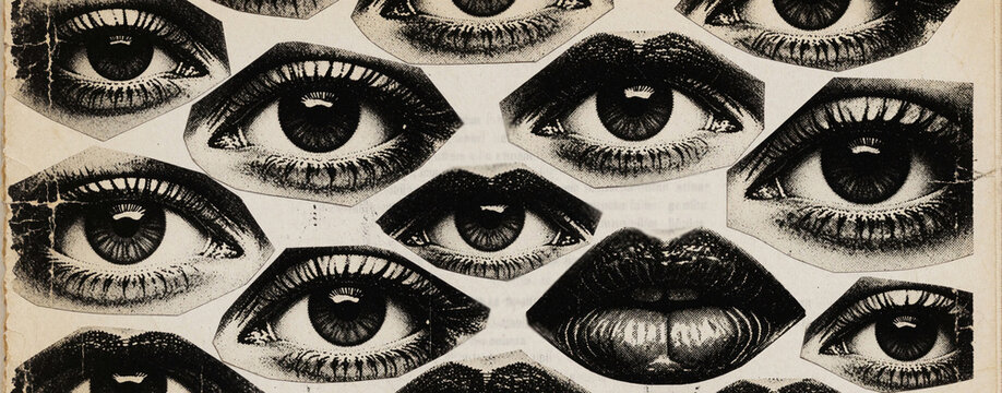 Vintage collage illustration with grunge texture. Retro newspaper clippings show large human eyes, lips in psychedelic style. Gritty halftone dot pattern features eyes, mouth in punk aesthetic. Edgy