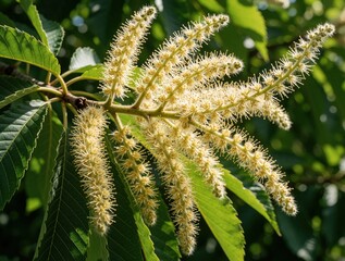 Fototapeta premium Sweet chestnut tree catkins, Castanea sativa, bloom on branch with green leaves. Delicate yellow flowers show fuzzy stamen, suggesting spring growth and pollen production.
