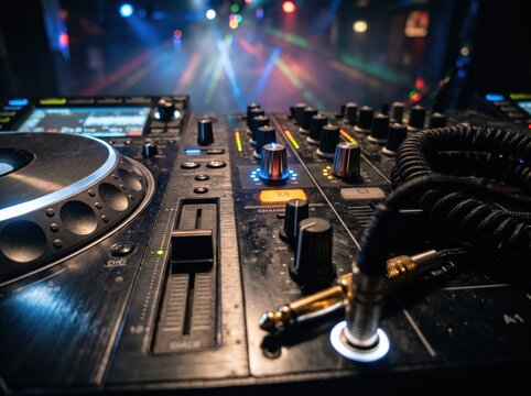 DJ Setup at a Concert: A detailed close-up of a DJ console with turntables and mixer, illuminated by vibrant stage lights and the blurred glow of a concert crowd in the background.