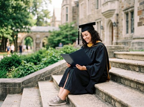 Graduation Day Bliss: A smiling graduate in cap and gown sits on stone steps outside an academic building, holding a diploma, exuding pride and accomplishment.