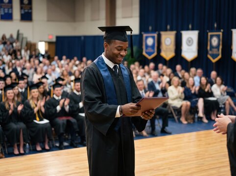 Graduation Day Triumph: A proud graduate in academic regalia receives their diploma, surrounded by applauding attendees at a commencement ceremony, marking a significant milestone in education.