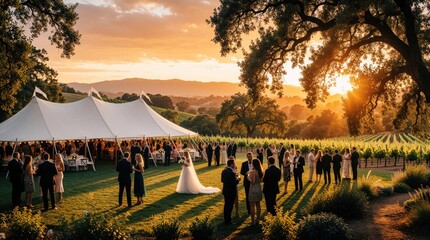 Obraz premium Elegant wedding reception held in vineyard at sunset. Guests celebrate under large white marquee tent during golden hour. People stand on green grass near grapevines sun sets over rolling hills.