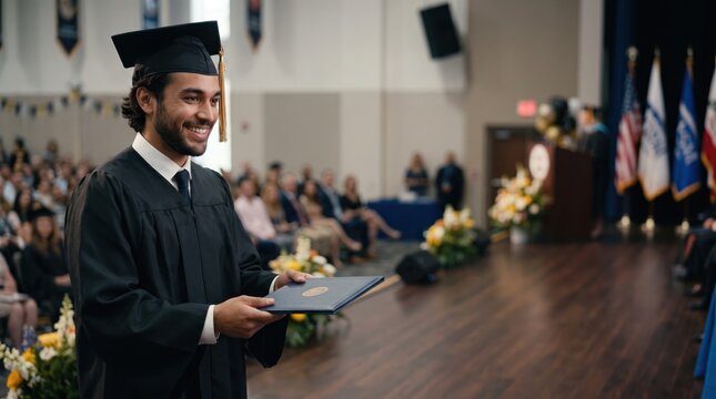 Graduation Day Triumph: A beaming graduate in cap and gown proudly holds his diploma on stage at a commencement ceremony, surrounded by cheering family and faculty.