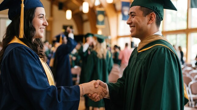 Graduation Congratulations: A male and female student, adorned in academic regalia, shake hands and smile at each other, celebrating their commencement ceremony with pride and joy.