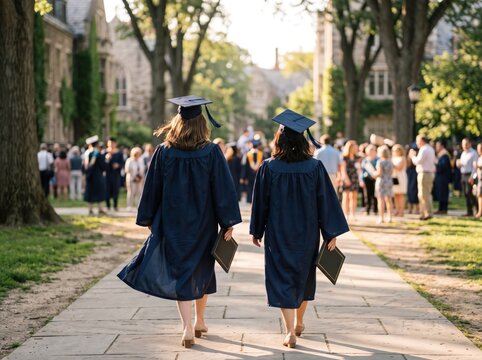 Graduation Day Stroll: Two graduates in academic robes walk towards their bright future on a sunny day, surrounded by the stately architecture of a university campus.