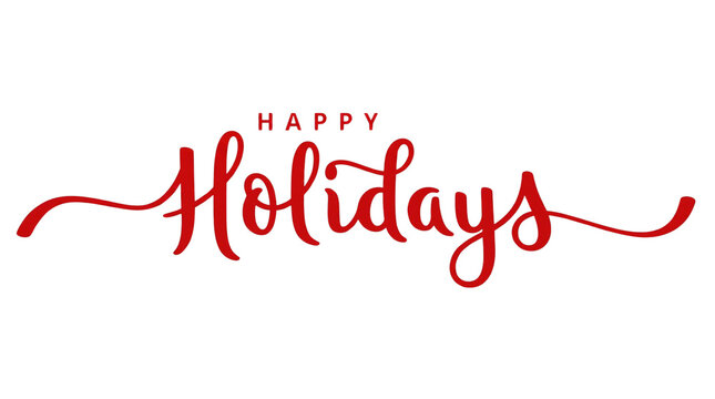 Happy holidays red calligraphy lettering with elegant swashes for seasonal greeting cards and winter festive invitations.
