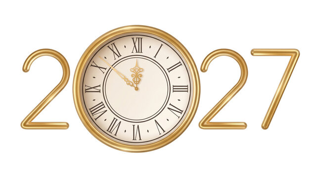 Elegant golden 2027 numbers with classic clock face, perfect for new year countdown and celebration designs.