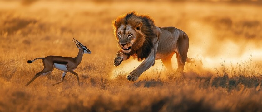 Lion chasing springbok in savanna at sunrise