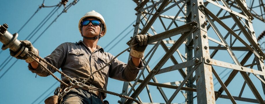Lineworker wearing hard hat and sunglasses works on electricity tower installing power lines. Man climbs high structure performs infrastructure maintenance. Focused electrician does dangerous job.