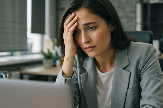 Stressed woman working at a laptop in an office, conveying mental health struggles and workplace anxiety.