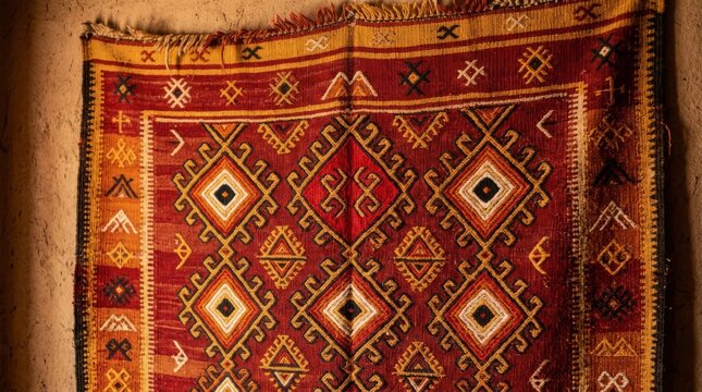 Close up view of a traditional handcrafted red woven rug featuring intricate geometric diamond patterns and ethnic motifs hanging against a rustic earthy textured wall in warm lighting