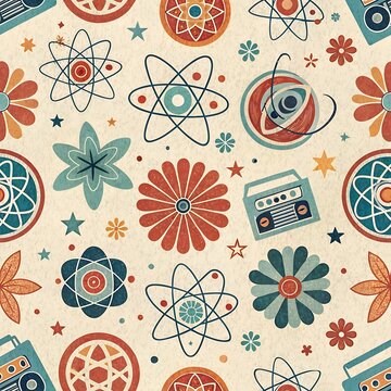 Retro seamless pattern set against a cream background, filled with vintage atomic symbols, flowers, boomboxes, stars, and abstract circles in red, blue, yellow, and orange tones.