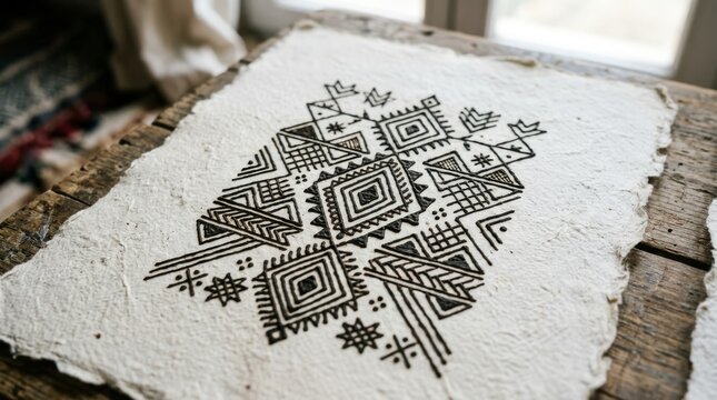 Close-up of a traditional geometric folk pattern hand-drawn with black ink on textured handmade recycled paper with deckled edges, placed on a rustic wooden surface for a vintage artistic look.