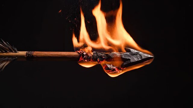 Arrowhead aflame in motion against black background signifying progress and intensity