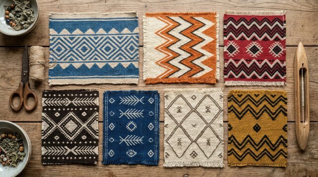 Top down flat lay of various artisanal hand-woven textile samples with geometric ethnic patterns, rustic weaving tools, scissors, and twine on a weathered wooden workbench for craft concept.
