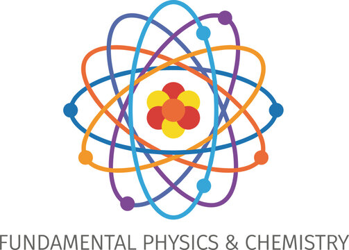 Colorful flat design atomic model illustration with orbiting electrons on a white background, science concept