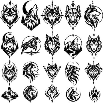 Howling wolf head mascot logos vector set. Wild wolves tribal silhouette badges collection.