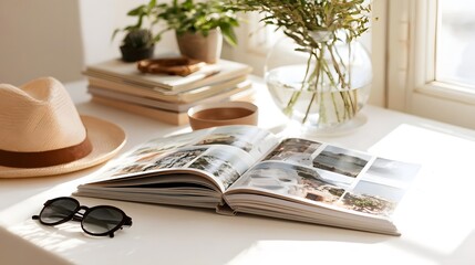 Fototapeta premium An open travel photo album rests on a sunlit white table beside a straw hat sunglasses and a vase with greenery