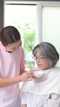 訪問介護で高齢者の食事介助をするホームヘルパー、在宅介護、食事支援、食べることをサポートする女性介護職のイメージの縦動画