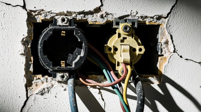 Close up of broken electrical socket, exposed wires in wall. Damaged power connection shows dangerous electrical hazard during home renovation. Unsafe wiring, loose cables need urgent repair