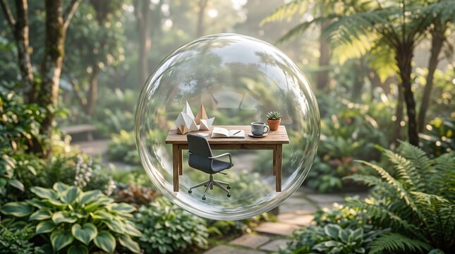 Peaceful remote work concept with desk and office chair inside a transparent glass bubble floating in a lush green tropical forest