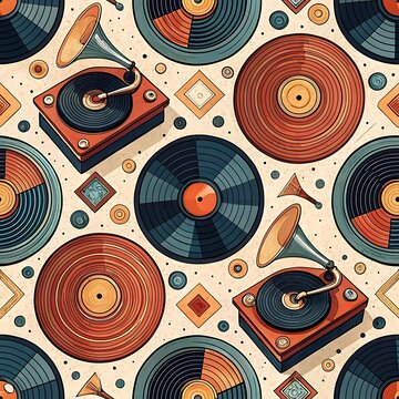 Retro seamless pattern illustrating vintage vinyl records and gramophones surrounded by small circles and geometric diamonds in blue, orange, brown, and cream tones.