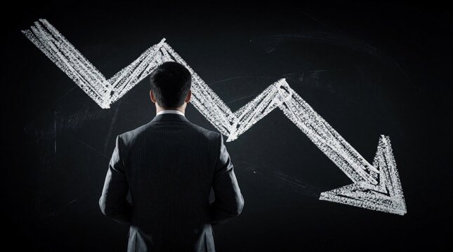 Businessman in suit observes downward zigzag chart drawn on blackboard. Represents financial decline strategy, budget deficit, economic crisis planning and market loss.