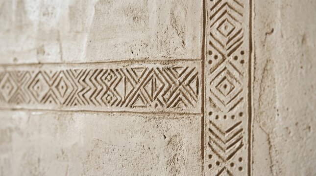Detailed close up of traditional geometric patterns carved into a light beige clay or plaster wall, featuring ethnic motifs and rustic textures for an architectural or cultural background design.