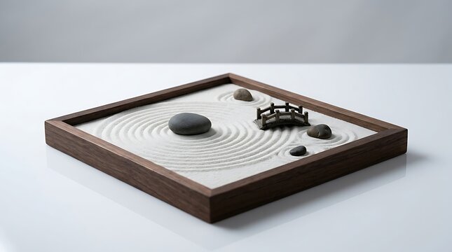 Zen Sand Garden with Raked Circles Stones and Bridge